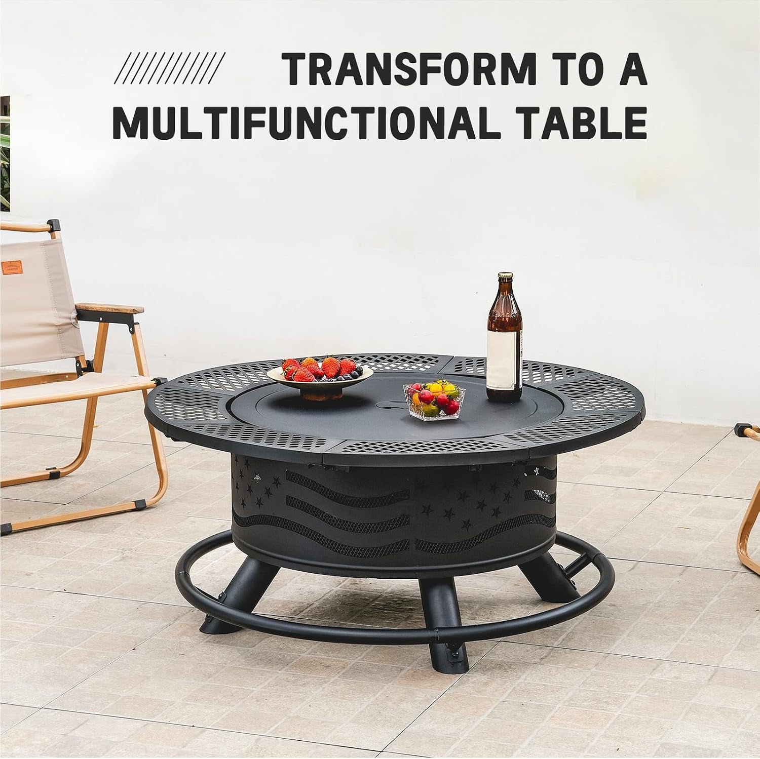 36 Inch Fire Pit with 2 Cooking Grates, Outdoor Wood Burning BBQ Grill Firepit Bowl with Cover Lid, Steel round Table for Backyard Bonfire Patio Picnic (Black, 36IN)