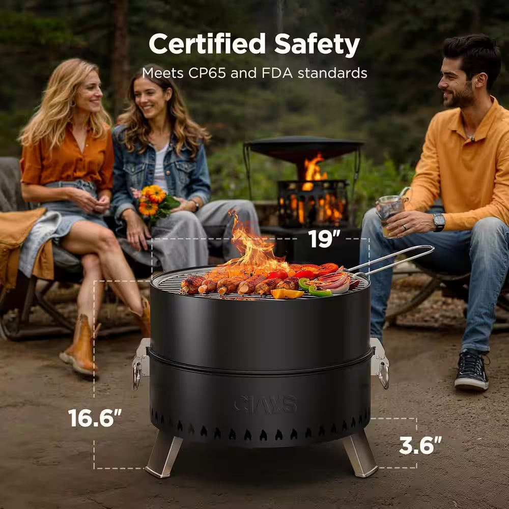 19 In. Portable Black round Steel Smokeless Wood Burning Outdoor Fire Pit with Steel Grill Rack, Fire Poker and Bag