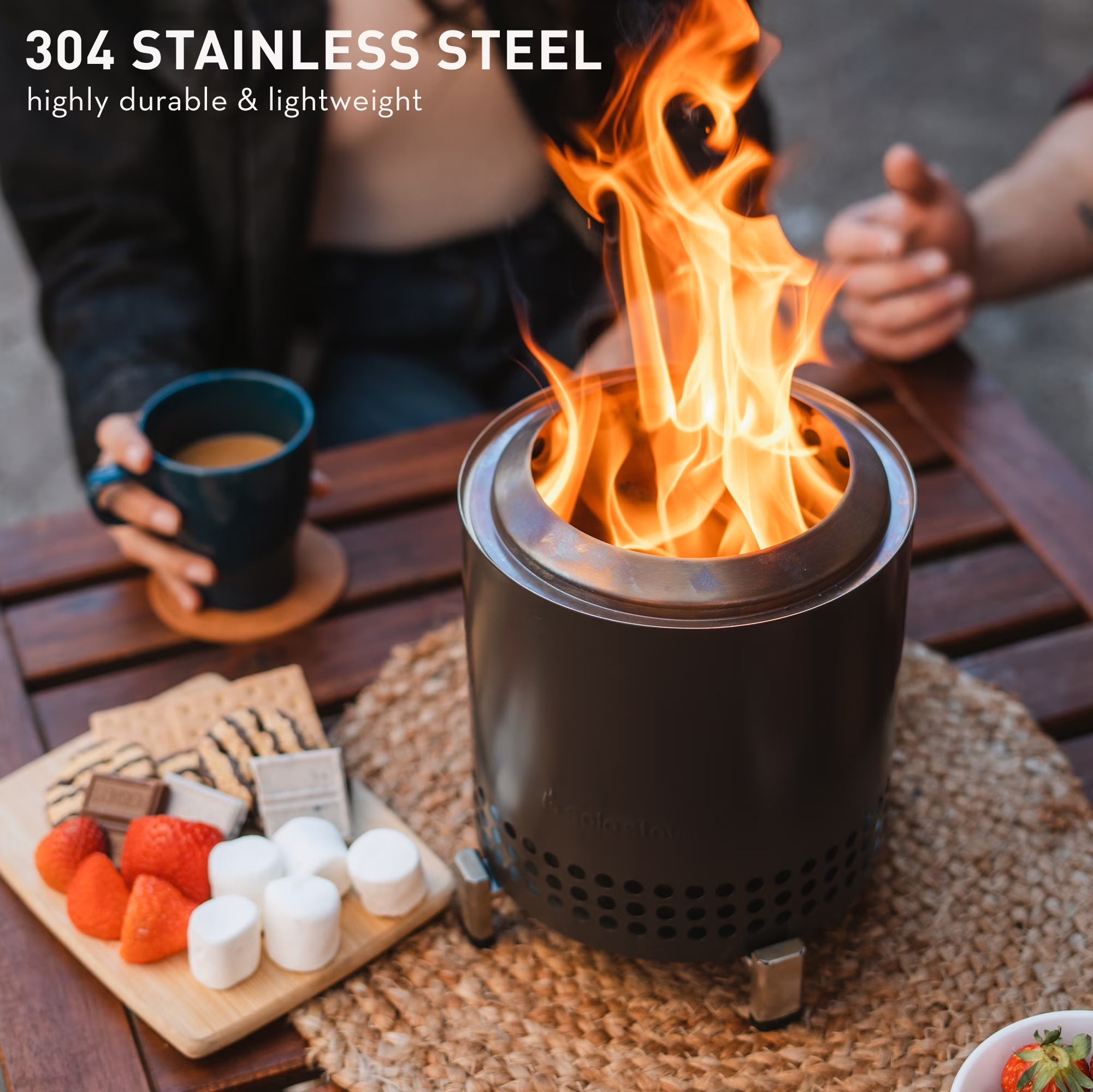 Mesa XL Tabletop Fire Pit with Stand | Low Smoke Outdoor Mini Fire for Urban & Suburbs | Fueled by Pellets or Wood, Stainless Steel, with Travel Bag, H: 8.6" X D: 7", 2.3 Lbs, Silver