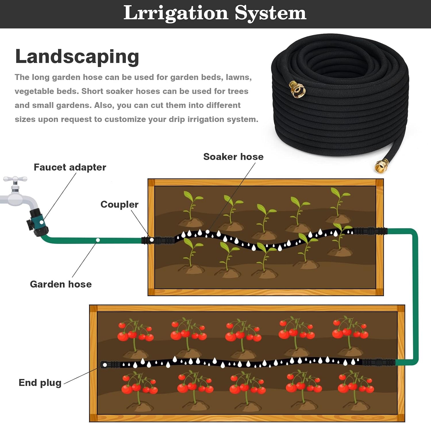 Heavy Duty Soaker Hose 25FT 1/2 Inch Rubber Garden Drip Irrigation Hose with Solid Brass Connector Water Saving Linkable Soaker Hose for Garden Bed Flower Vegetable Lawn