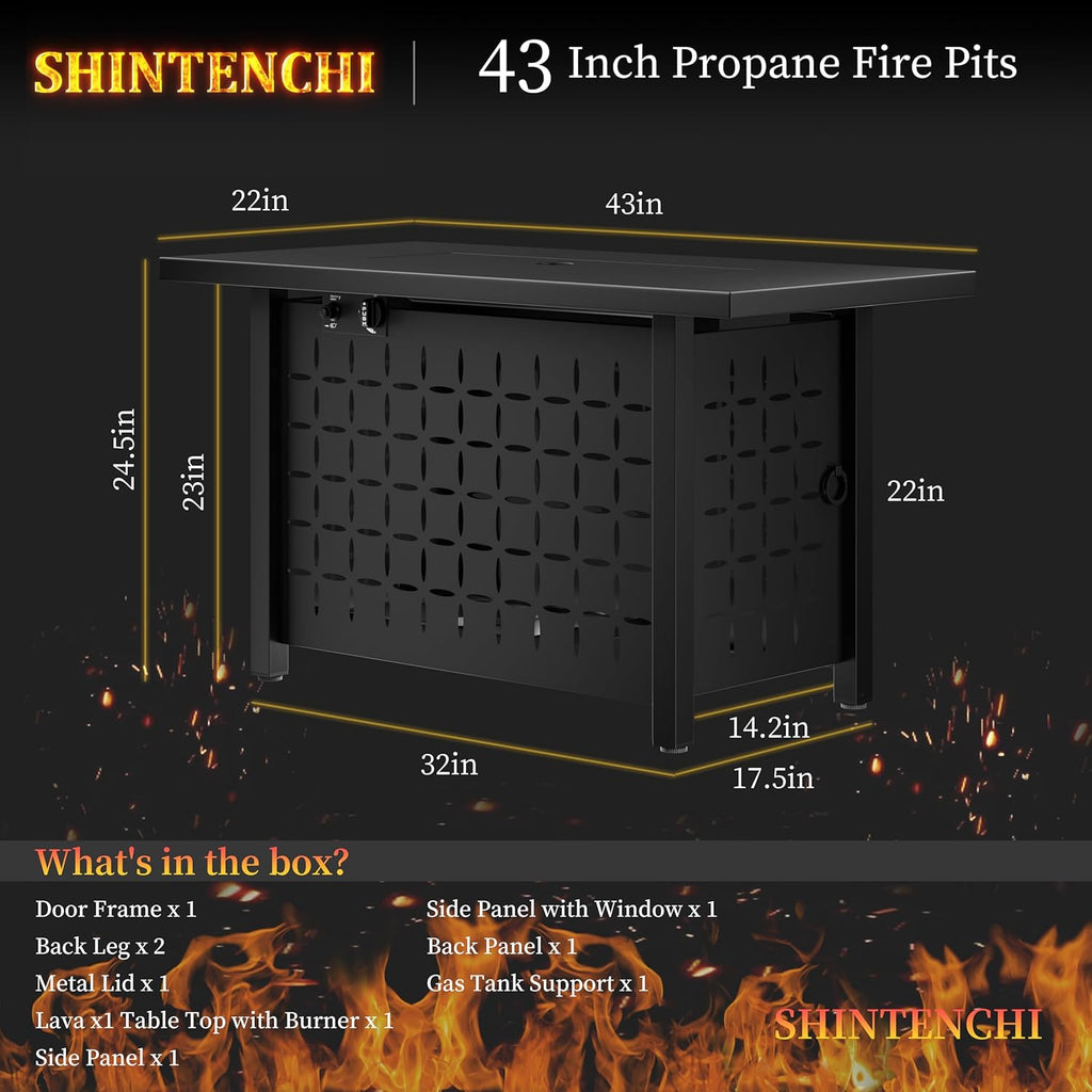 43 Inch Propane Fire Pit Table,50,000 BTU Rectangular Gas Firepits,Csa-Certified Steel 2-In-1 Multi-Use Propane Gas Fire Pit Table with Lid and Lava Rock,For Garden,Yard,Camping,Black