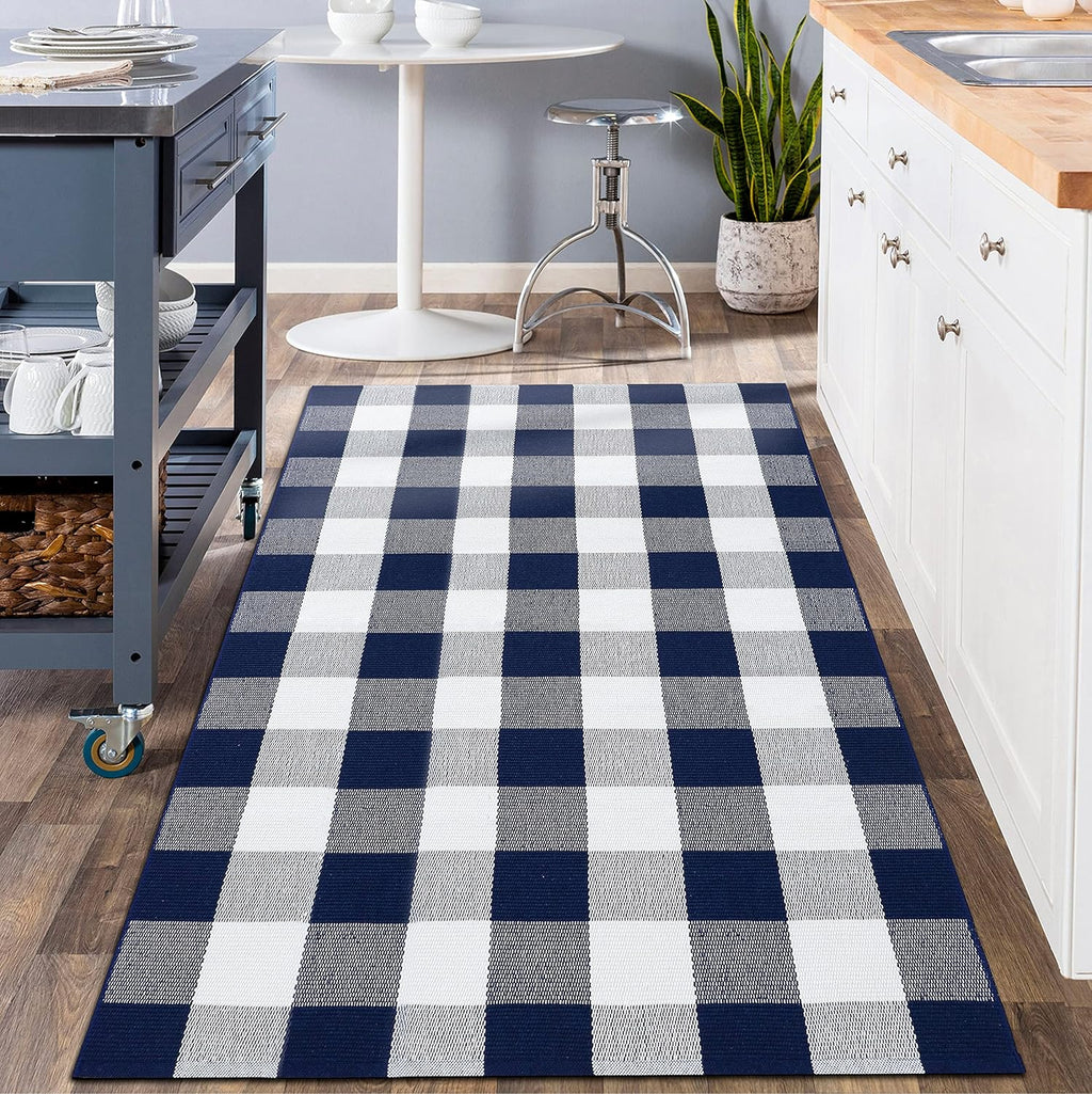 Buffalo Plaid Outdoor Rug Navy Blue 3'X5', Cotton Hand-Woven Checkered Door Mat, Reversible Foldable Washable Outdoor Rug for Layered Door Mats Porch/Front Door (35.4''X59'')
