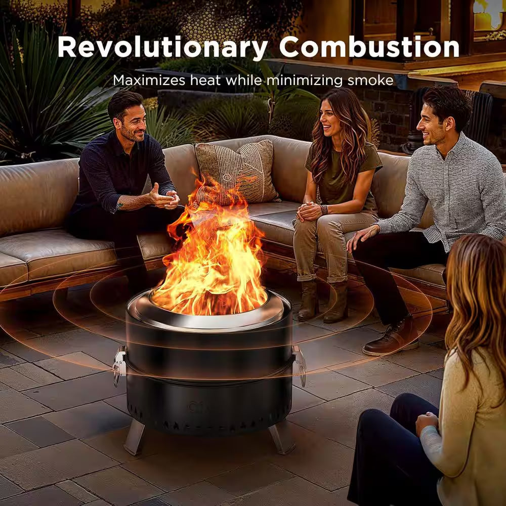 19 In. Portable Black round Steel Smokeless Wood Burning Outdoor Fire Pit with Steel Grill Rack, Fire Poker and Bag