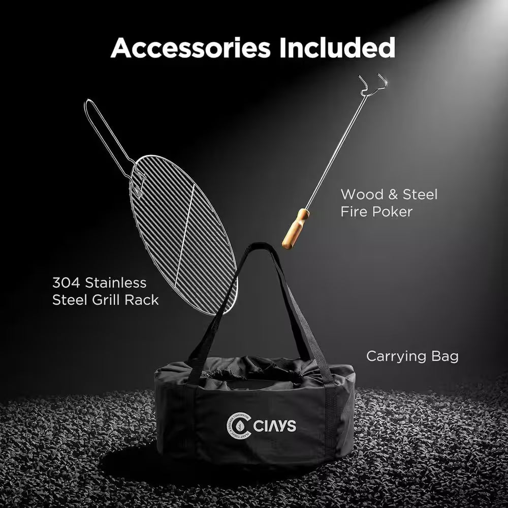 19 In. Portable Black round Steel Smokeless Wood Burning Outdoor Fire Pit with Steel Grill Rack, Fire Poker and Bag