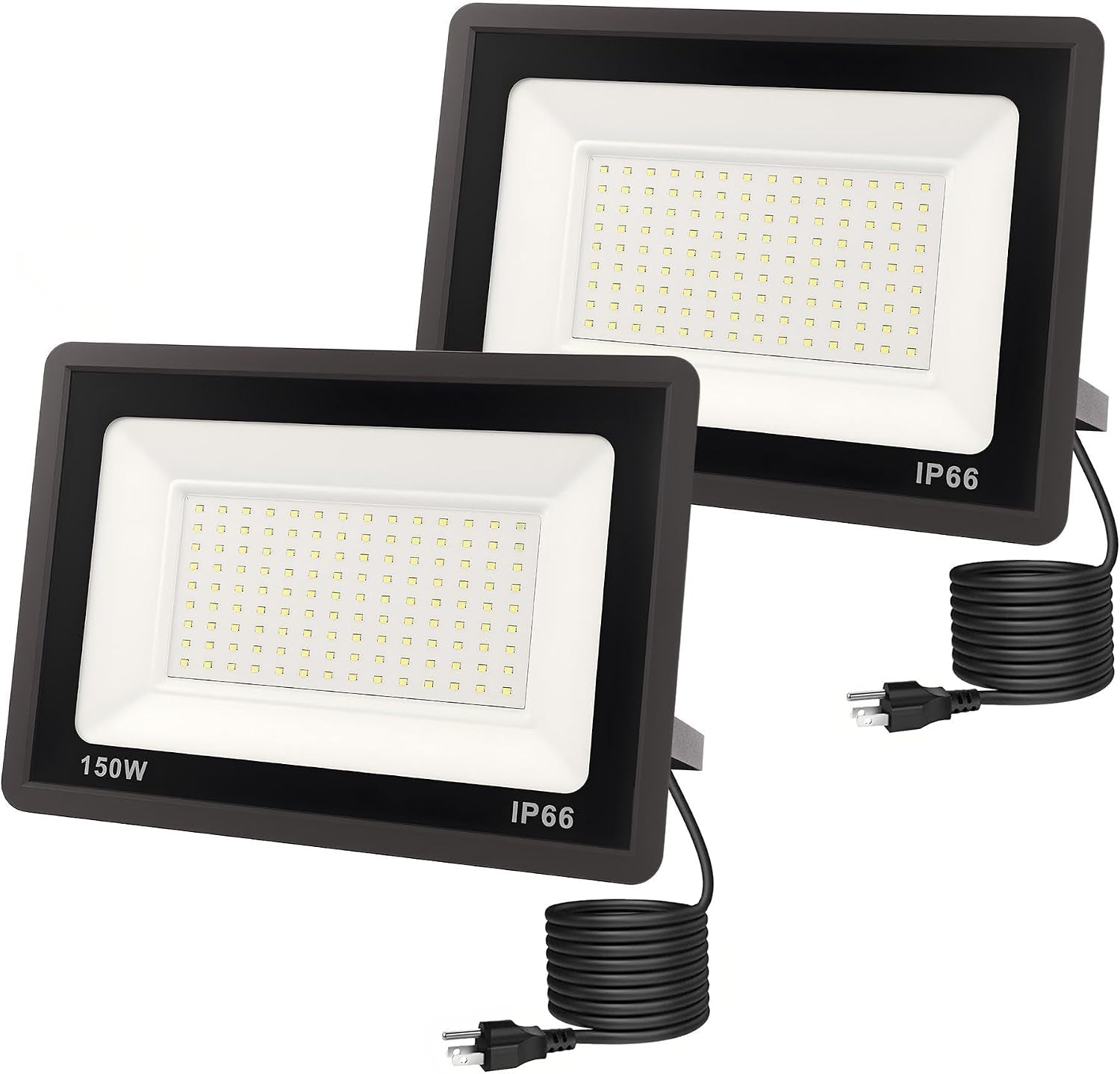 Flood Lights Outdoor, 150W Dusk to Dawn Outdoor Lighting, IP66 Waterproof Plug in Floodlights, 6000K Daylight Work Light, Security Lights for Yard, Garage, UL Listed, 2Pack