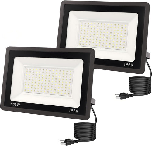 Flood Lights Outdoor, 150W Dusk to Dawn Outdoor Lighting, IP66 Waterproof Plug in Floodlights, 6000K Daylight Work Light, Security Lights for Yard, Garage, UL Listed, 2Pack