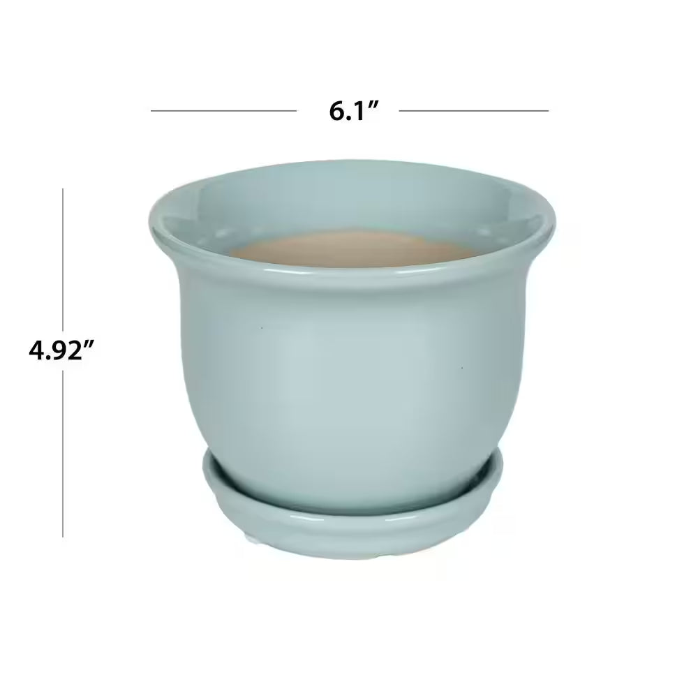 Coralie Small Seabreeze Blue Ceramic Planter with Drainage Hole and Attached Saucer (6 In. L X 6 In. W X 5 In. H)