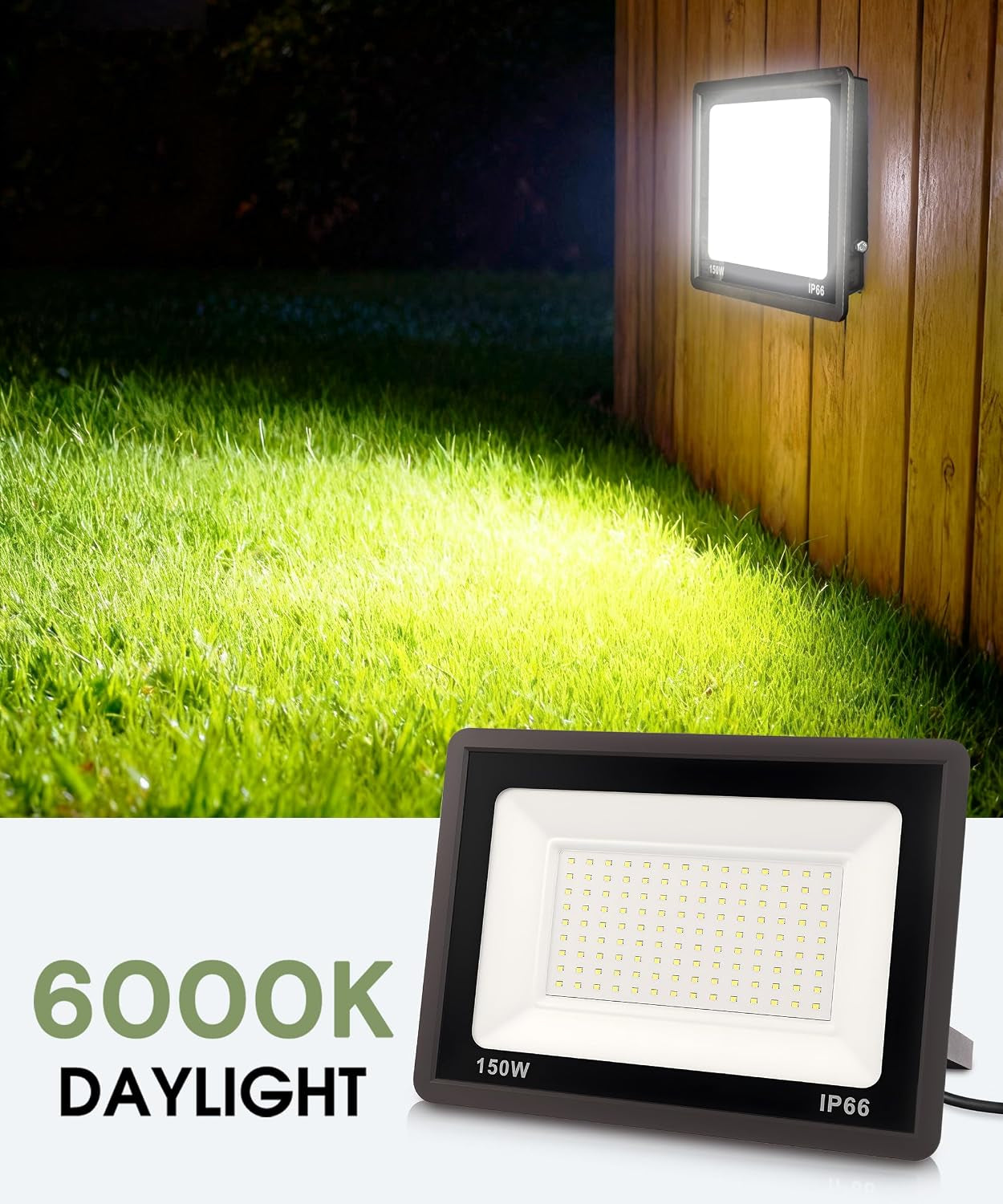 Flood Lights Outdoor, 150W Dusk to Dawn Outdoor Lighting, IP66 Waterproof Plug in Floodlights, 6000K Daylight Work Light, Security Lights for Yard, Garage, UL Listed, 2Pack