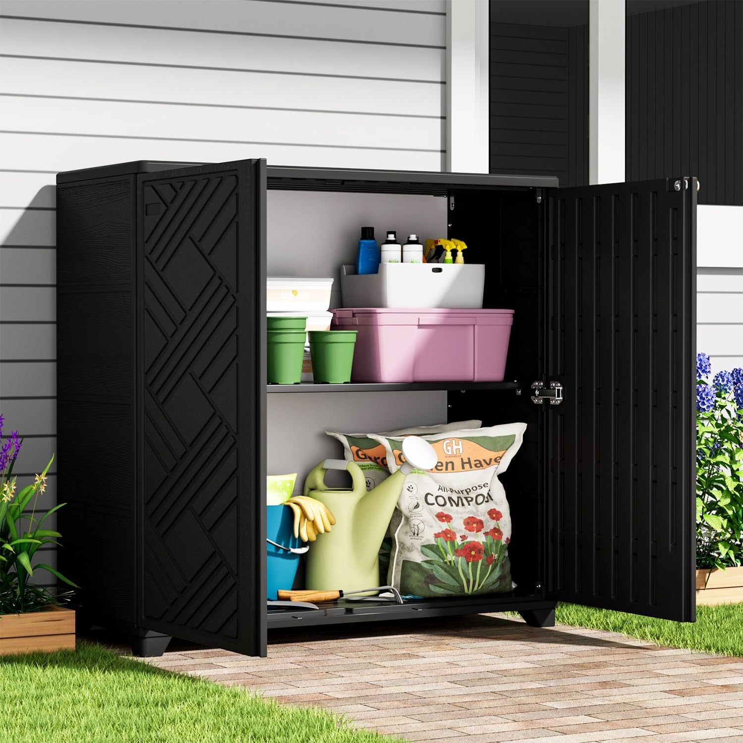Outdoor Storage Cabinet Waterproof, 60 Gallon Resin Outdoor Storage Shed for Patio/Garden/Backyard, Outdoor Storage Box for Cushions,Garden Tools and Pool Supplies(Black with 1 Shelving)
