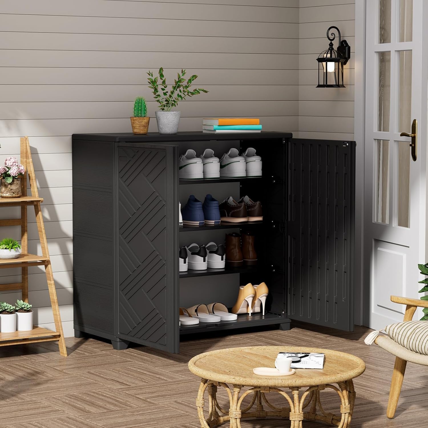 Indoor/Outdoor Storage Cabinet Waterproof, 34"X15"X34" Plastic Outdoor Storage Box for Garden Balcony Bathroom, All Weather Outdoor Storage Clearance, DIY Usage, with 2 Shelf (Black)