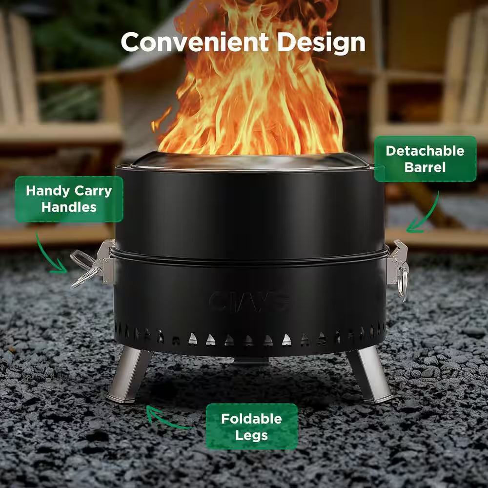 19 In. Portable Black round Steel Smokeless Wood Burning Outdoor Fire Pit with Steel Grill Rack, Fire Poker and Bag