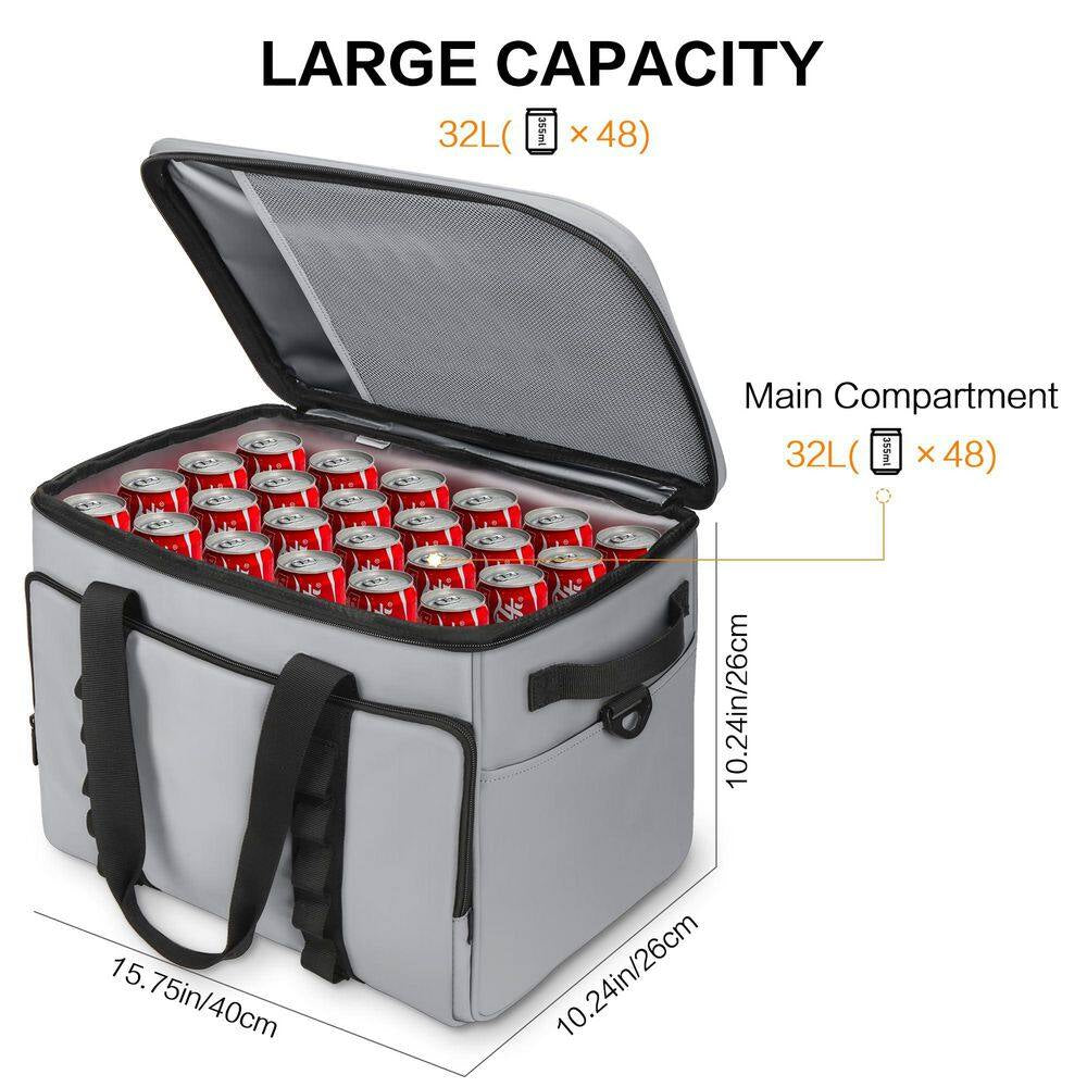 33 Qt. Gray Soft Insulated Cooler Bag, Collapsible Large Travel Coolers Soft Sided Coolers Ice Chest, Leakproof