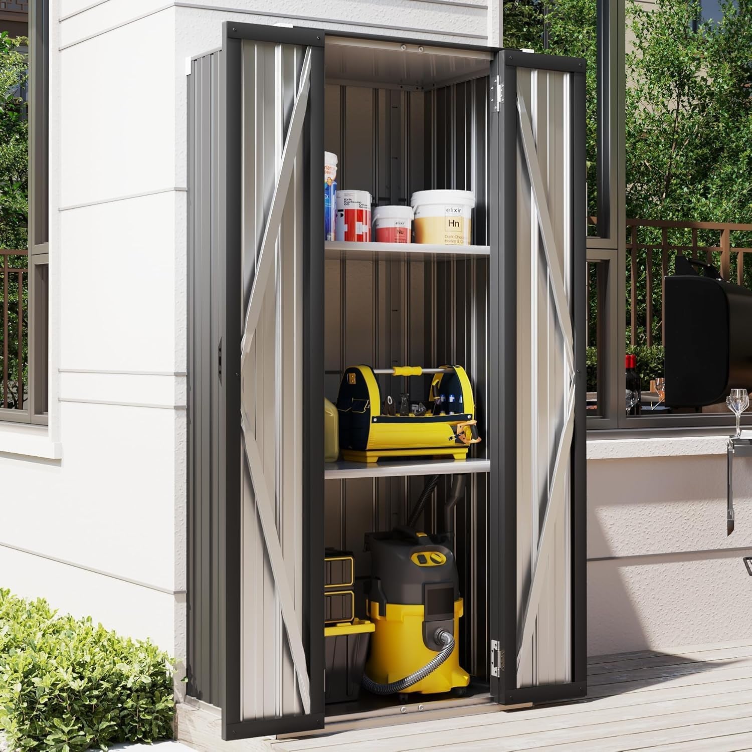 Outdoor Storage Cabinet Waterproof, Vertical Tall Outdoor Storage Cabinet with Shelves, Garden Sheds & Outdoor Storage Clearance Cabinet Weatherproof for outside or Indoor in Dark Grey