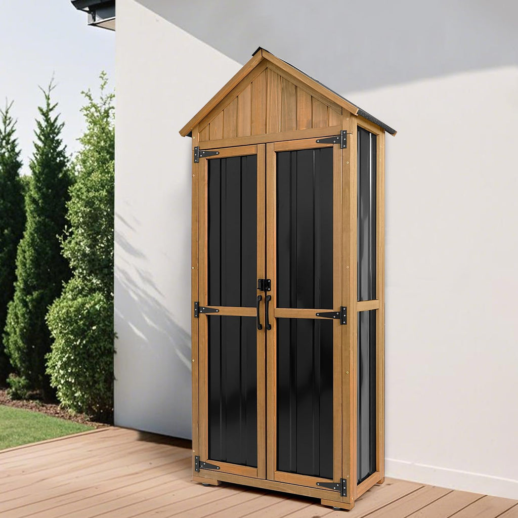Outdoor Storage Cabinet Waterproof, Outdoor Storage Shed with Shelves, Wood & Metal Patio Backyard Garden Storage Cabinet Tool Organizer for Outside