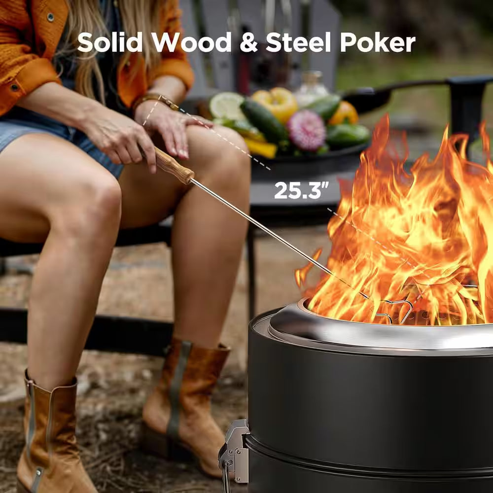 19 In. Portable Black round Steel Smokeless Wood Burning Outdoor Fire Pit with Steel Grill Rack, Fire Poker and Bag