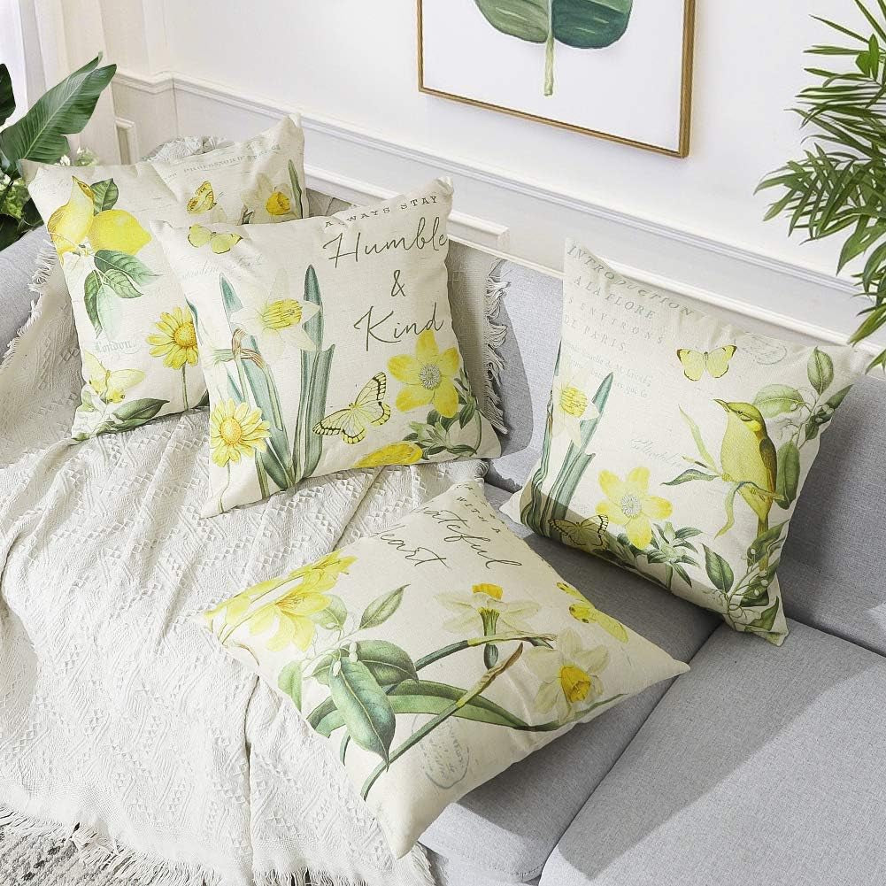 Set of 4 Decorative Throw Pillow Covers 18X18 Inches, Daffodil Pattern Waterproof Cushion Covers, Perfect to Outdoor Patio Garden Living Room Sofa Farmhouse Decor