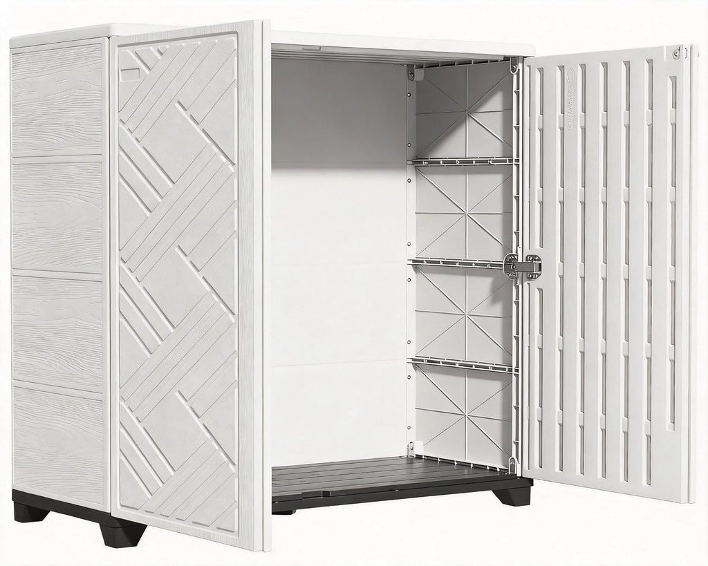 Outdoor Storage Cabinet Waterproof, 60 Gallon Resin Outdoor Storage Shed for Patio/Garden/Backyard, Outdoor Storage Box for Cushions,Garden Tools and Pool Supplies(White W/O Shelving)