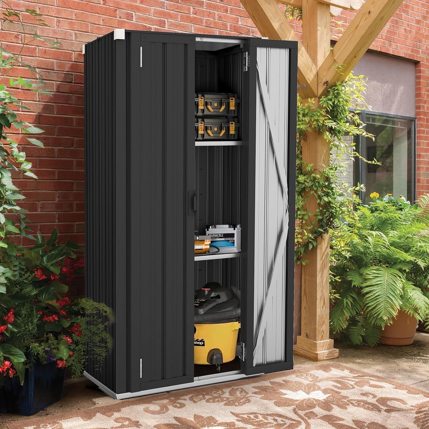 Outdoor Storage Cabinet Waterproof, Vertical Tall Outdoor Storage Cabinet with Shelves, Garden Sheds & Outdoor Storage Clearance Cabinet Weatherproof for outside or Indoor in Dark Grey