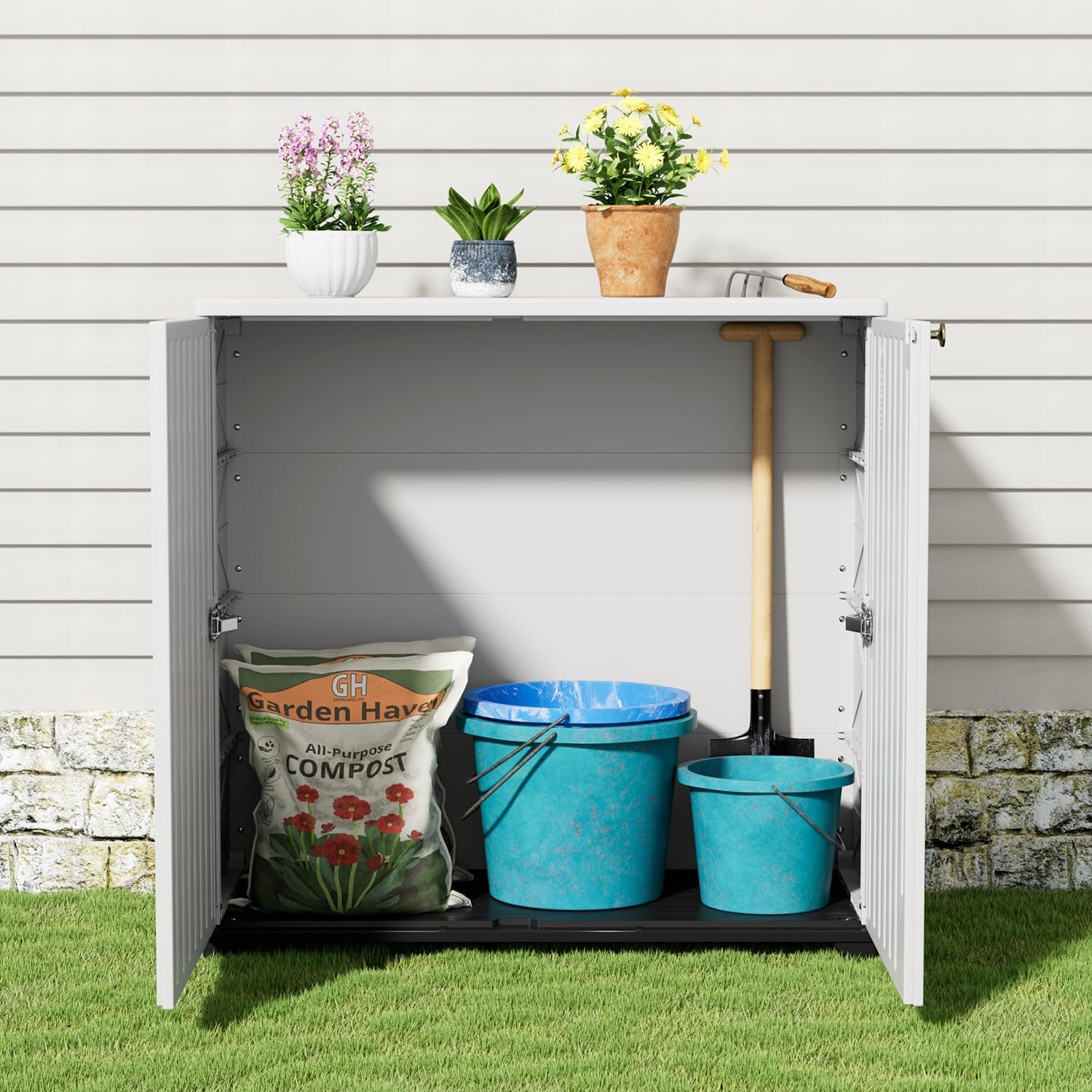 Outdoor Storage Cabinet Waterproof, 60 Gallon Resin Outdoor Storage Shed for Patio/Garden/Backyard, Outdoor Storage Box for Cushions,Garden Tools and Pool Supplies(White W/O Shelving)