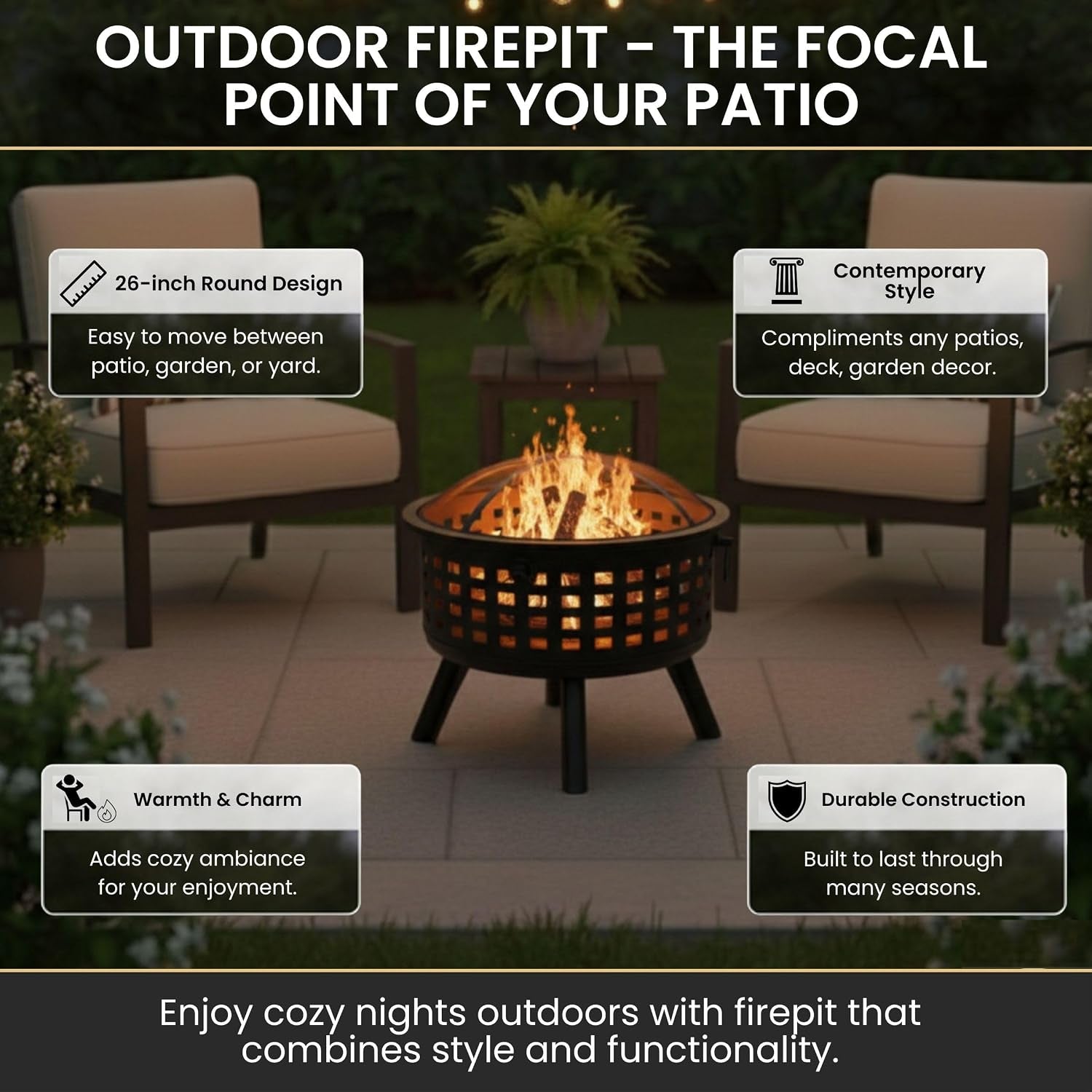 Outdoor Fire Pit - 26-Inch round Lattice Wood Burning Firepit with Screen, Poker, Grate and Cover - Wood Fire Pits & Outdoor Fireplaces by