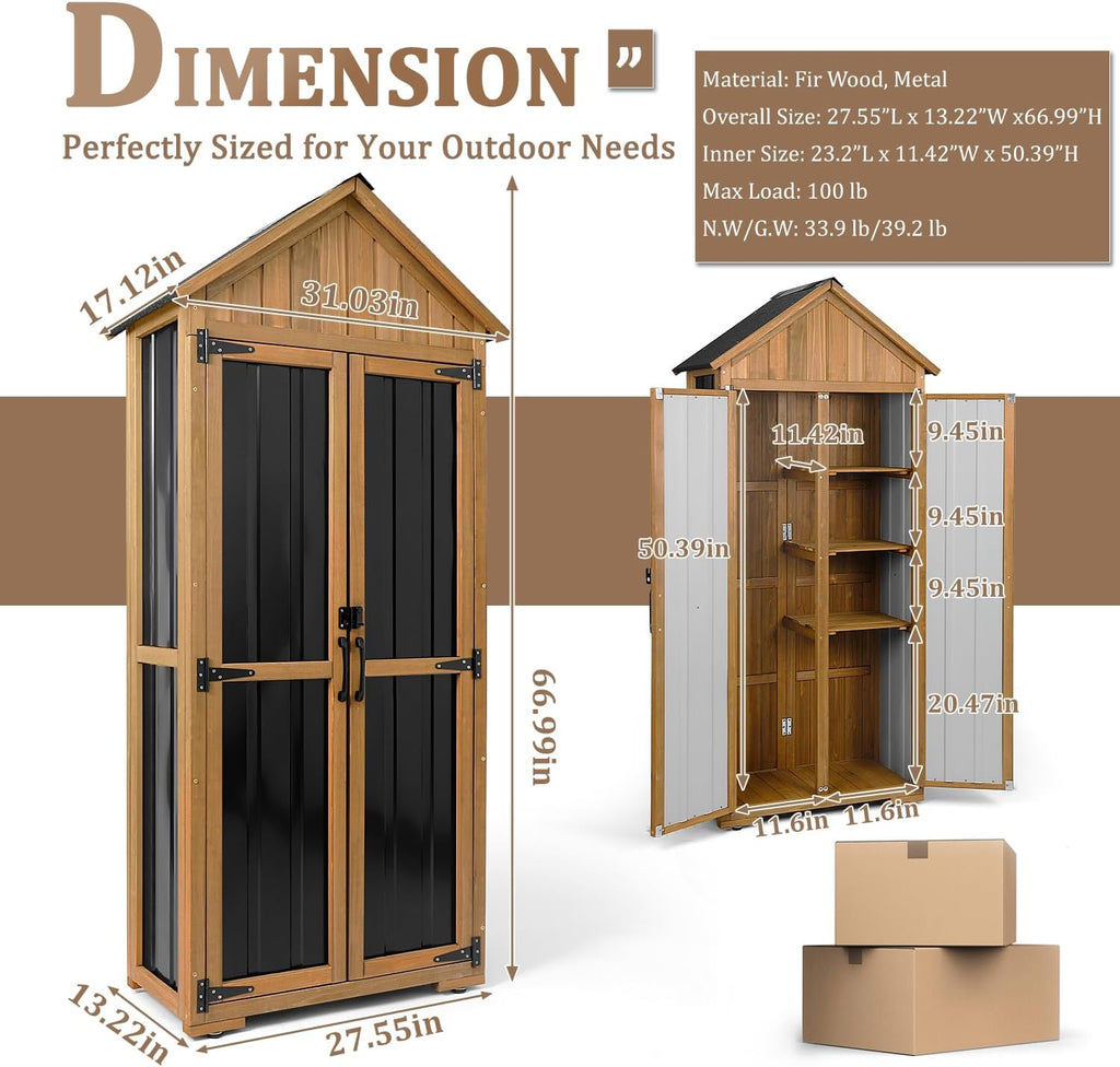 Outdoor Storage Cabinet Waterproof, Outdoor Storage Shed with Shelves, Wood & Metal Patio Backyard Garden Storage Cabinet Tool Organizer for Outside