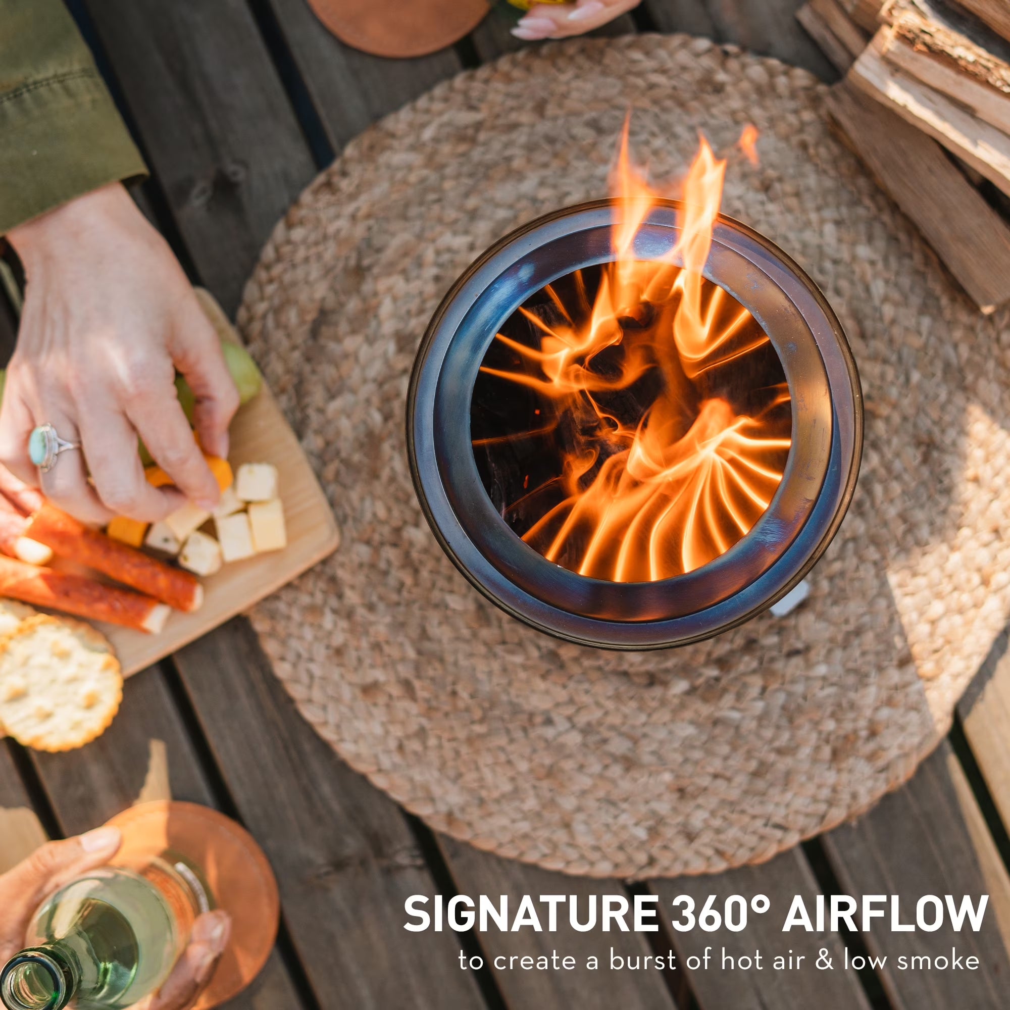 Mesa XL Tabletop Fire Pit with Stand | Low Smoke Outdoor Mini Fire for Urban & Suburbs | Fueled by Pellets or Wood, Stainless Steel, with Travel Bag, H: 8.6" X D: 7", 2.3 Lbs, Silver