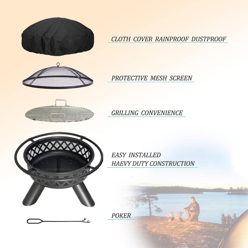 Fire Pit Wood Burning: round 37.5 in Outdoor Fireplace with Grill Cooking Grate Screen Poker