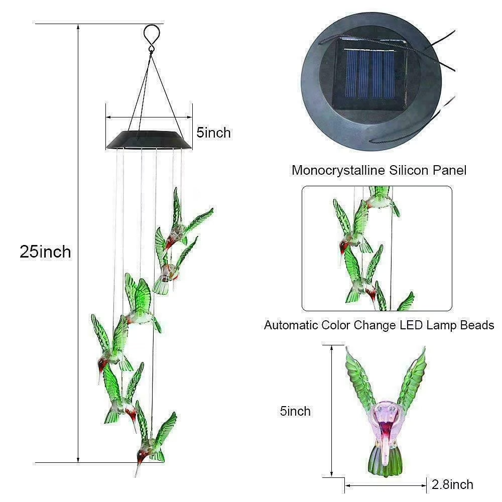 Solar Changing Wind Chime Light,  Solar Powered Color-Changing LED Hanging Lamp Hummingbird Windchime Light for Outdoor Indoor Gardening Yard Pathway Decoration