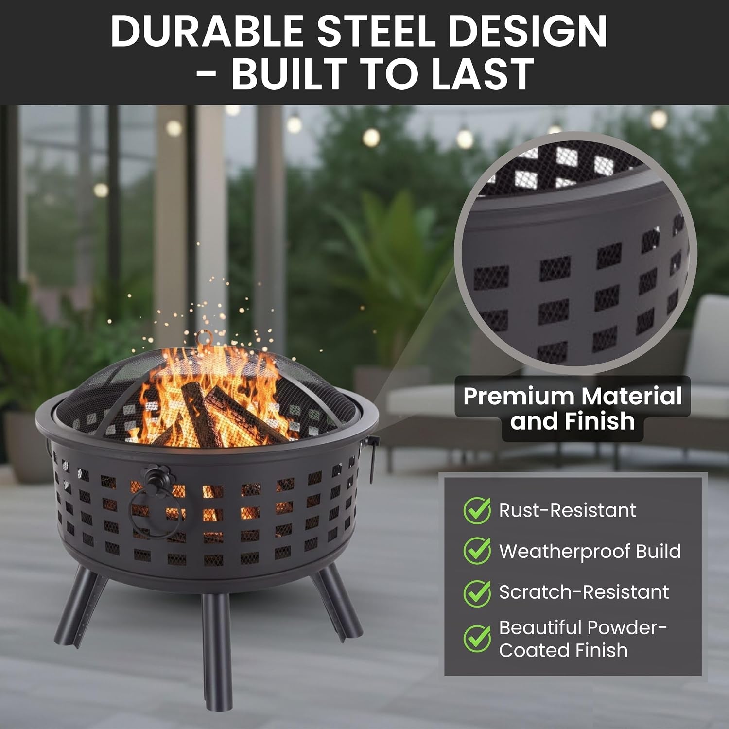 Outdoor Fire Pit - 26-Inch round Lattice Wood Burning Firepit with Screen, Poker, Grate and Cover - Wood Fire Pits & Outdoor Fireplaces by