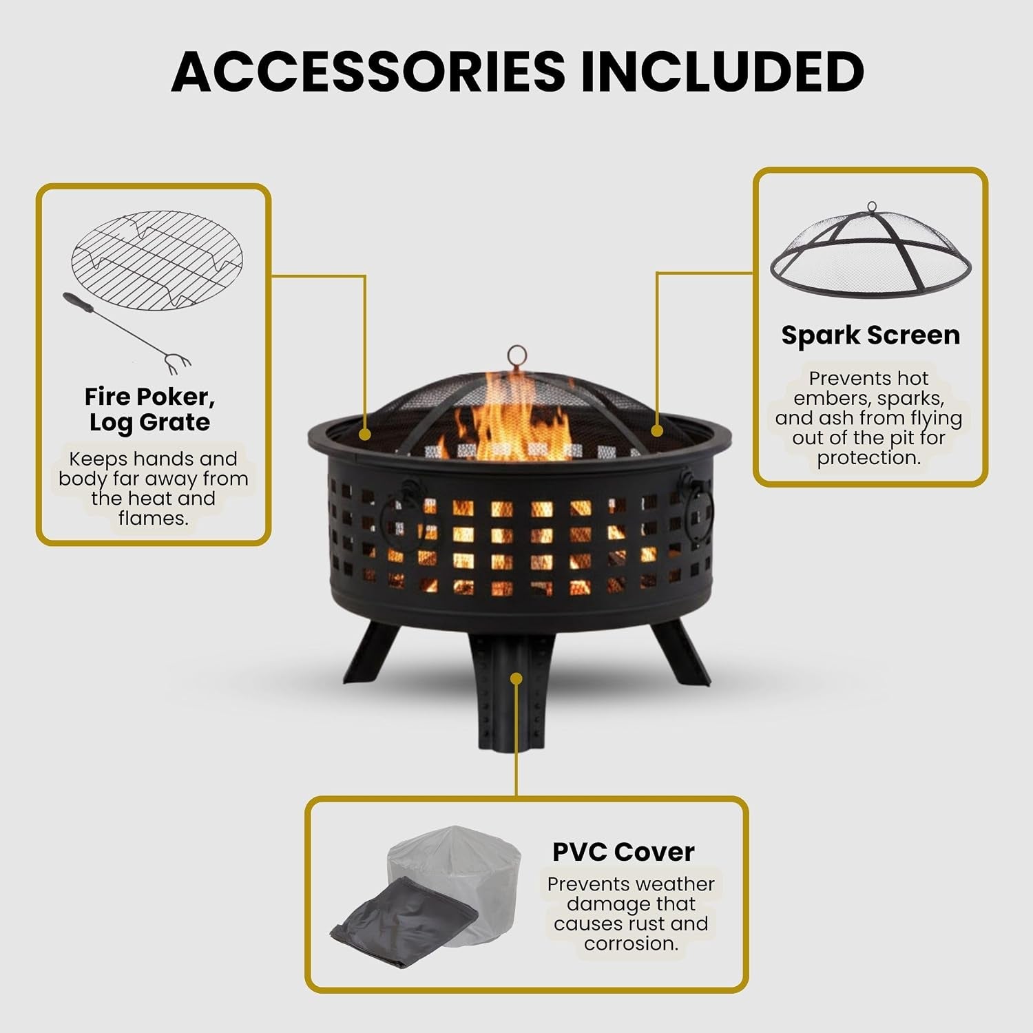 Outdoor Fire Pit - 26-Inch round Lattice Wood Burning Firepit with Screen, Poker, Grate and Cover - Wood Fire Pits & Outdoor Fireplaces by