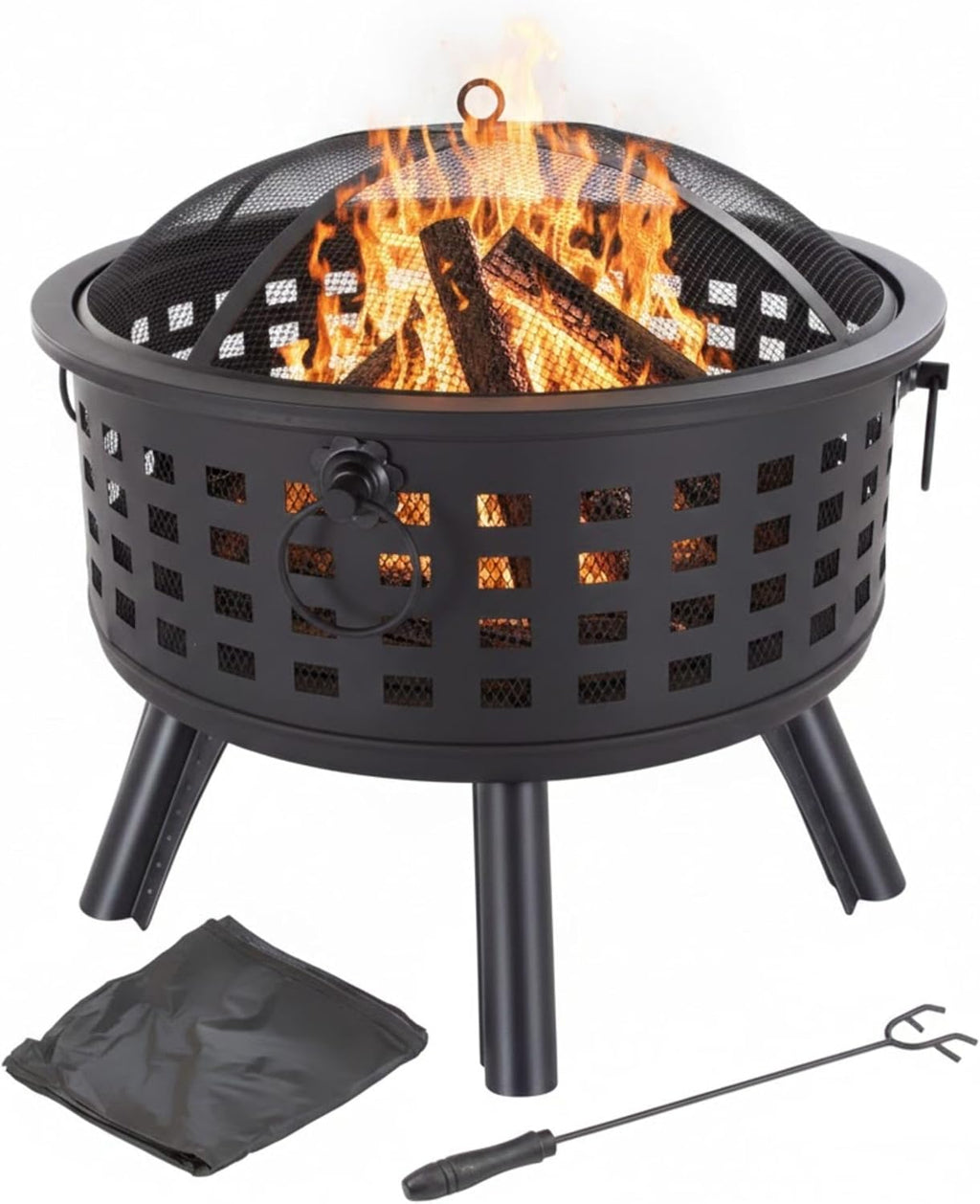 Outdoor Fire Pit - 26-Inch round Lattice Wood Burning Firepit with Screen, Poker, Grate and Cover - Wood Fire Pits & Outdoor Fireplaces by
