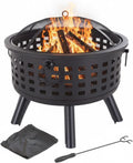 Outdoor Fire Pit - 26-Inch round Lattice Wood Burning Firepit with Screen, Poker, Grate and Cover - Wood Fire Pits & Outdoor Fireplaces by