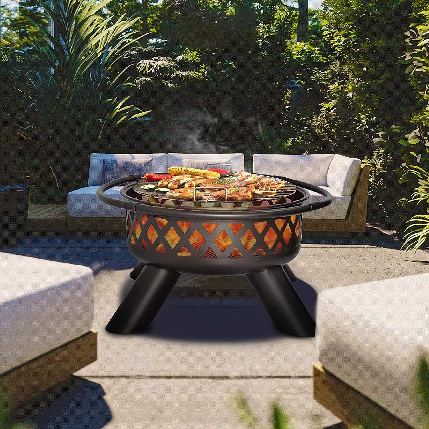 Fire Pit Wood Burning: round 37.5 in Outdoor Fireplace with Grill Cooking Grate Screen Poker