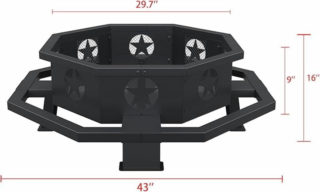 43 Inch Fire Pit, Outdoor Wood Burning Fire Pit Octagonal for Camping, Backyard, Patio, Black