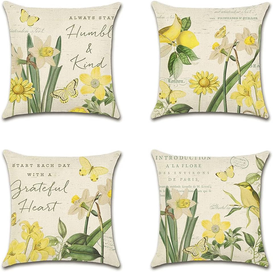 Set of 4 Decorative Throw Pillow Covers 18X18 Inches, Daffodil Pattern Waterproof Cushion Covers, Perfect to Outdoor Patio Garden Living Room Sofa Farmhouse Decor