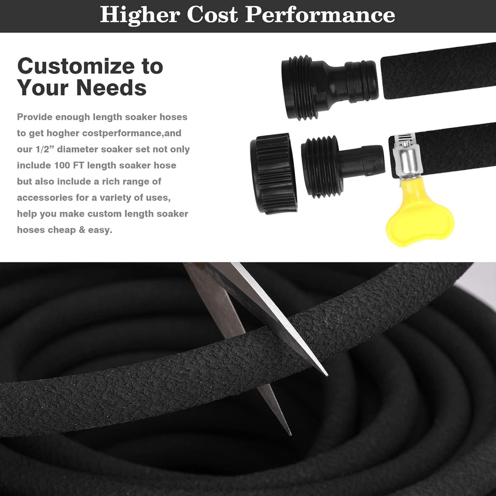 Heavy Duty Soaker Hose 50FT 1/2 Inch Rubber Garden Drip Irrigation Hose with Solid Brass Connector Water Saving Linkable Soaker Hose for Garden Bed Flower Vegetable Lawn