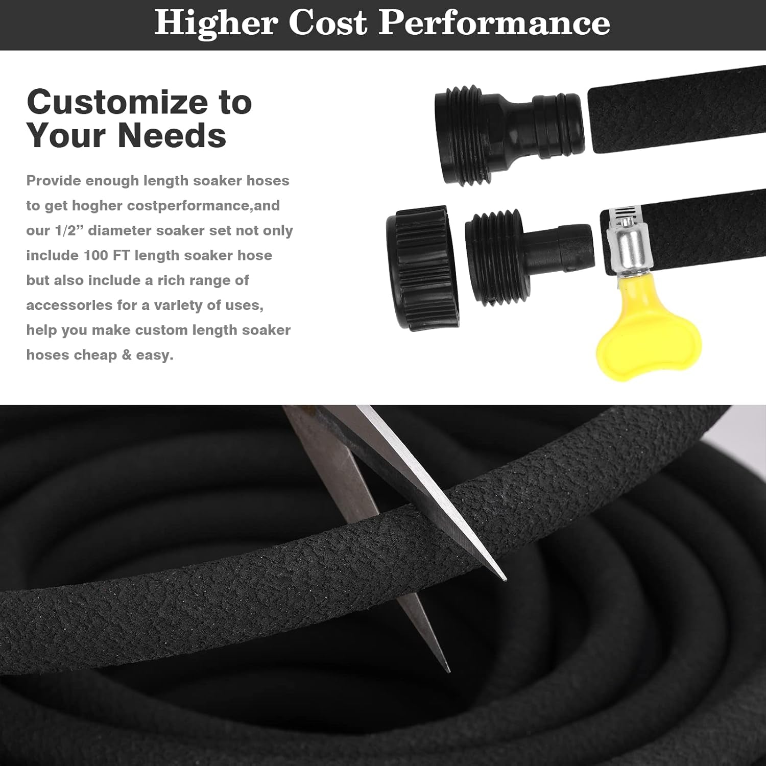 Heavy Duty Soaker Hose 50FT 1/2 Inch Rubber Garden Drip Irrigation Hose with Solid Brass Connector Water Saving Linkable Soaker Hose for Garden Bed Flower Vegetable Lawn