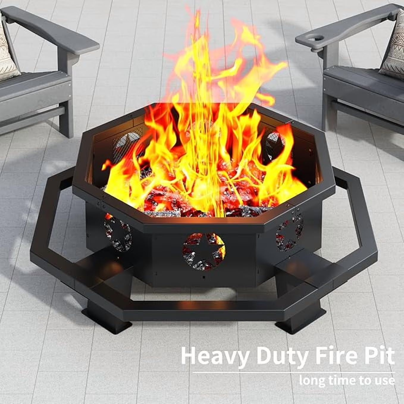 43 Inch Fire Pit, Outdoor Wood Burning Fire Pit Octagonal for Camping, Backyard, Patio, Black