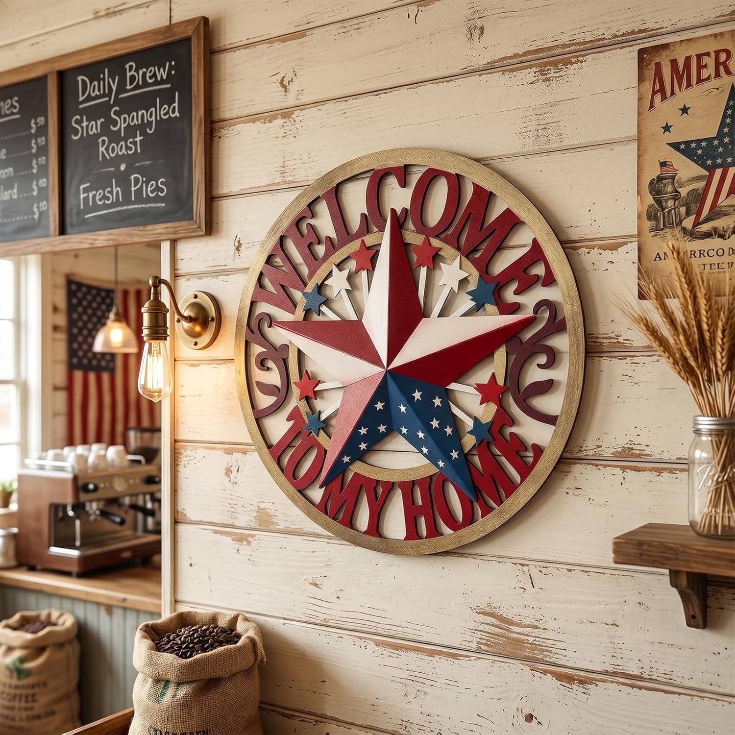 Patriotic Outdoor Decor USA Metal Star Hanging Welcome Home Signs Metal Wall Decor 4Th of July Patriotic Front Door Wreaths Hanger,Meta Flag Garden Fence Patio Front Porch Yard Indoor Outdoor 12''H