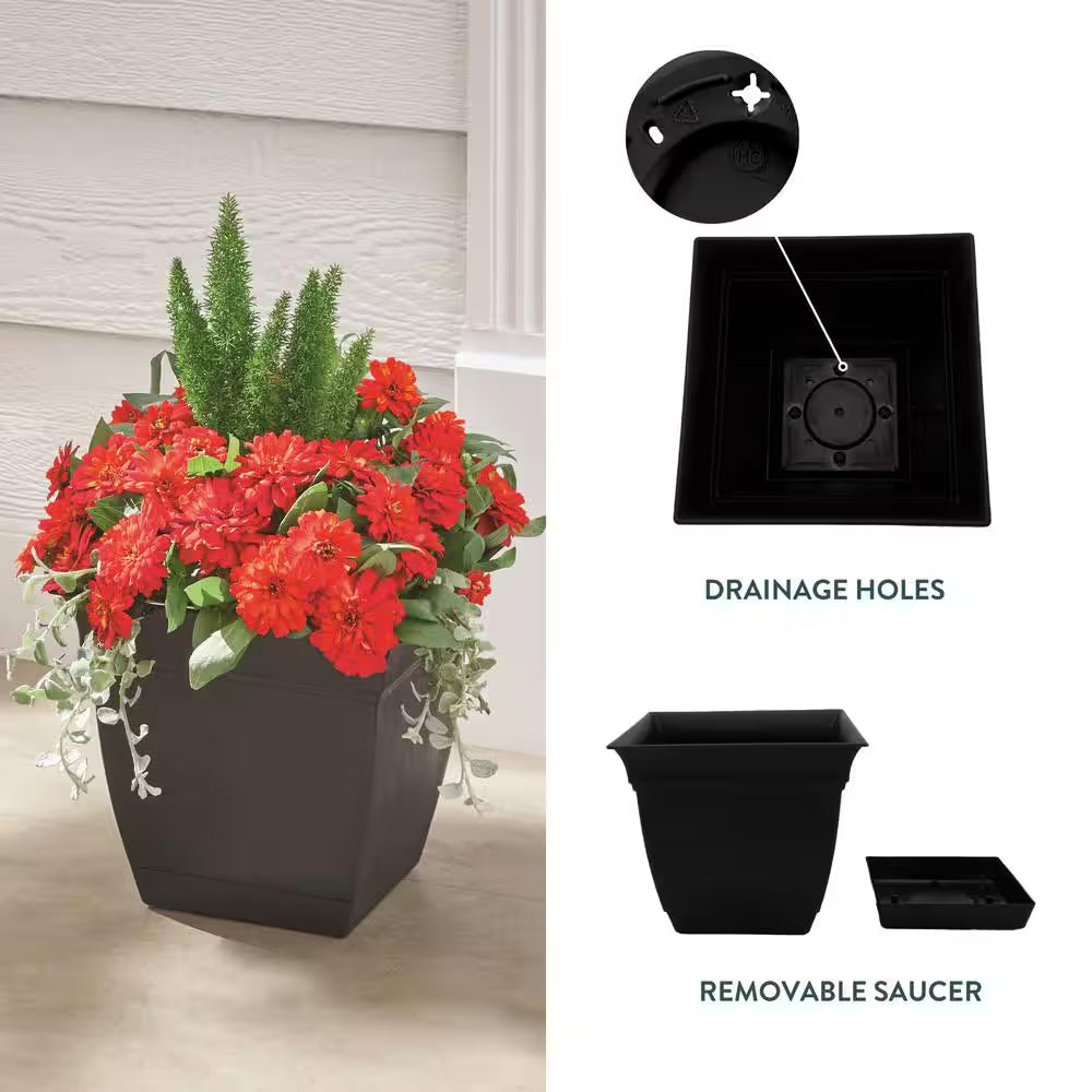 Mirabelle Small Black Plastic Square Planter with Drainage Hole and Attached Saucer (6 In. L X 6 In. W X 5.5 In. H)