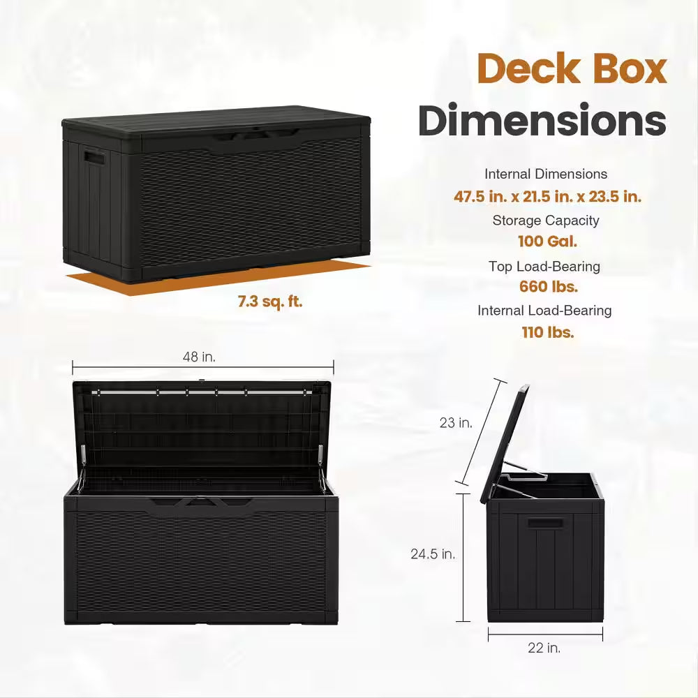 102 Gal. Fusion Style Deck Box Black Outdoor Resin Storage Box
