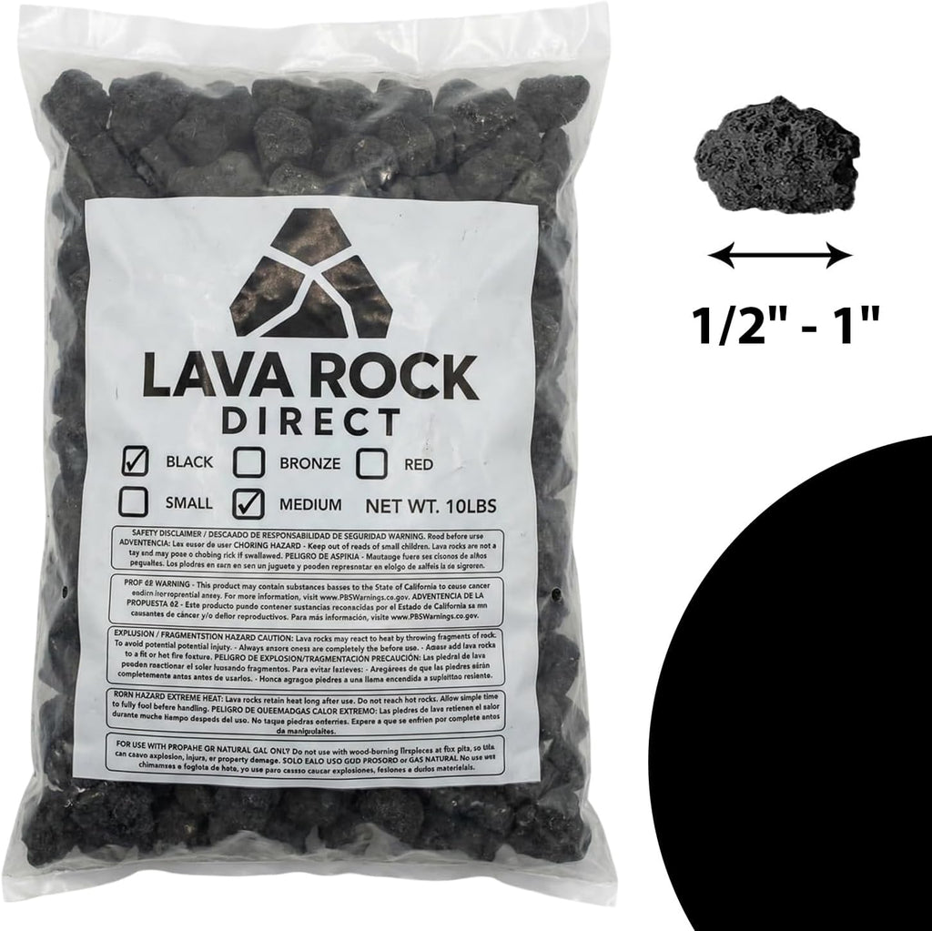 Medium Black Lava Rock 10Lb Bag, 1/2" - 1" | Use in Fireplace, Fire Pit, Fire Features | Outdoor & Indoor Lava Rock for Natural Gas or Propane Fires | Decorative Landscaping