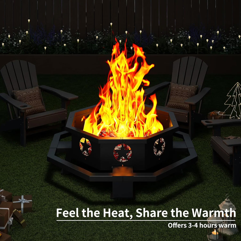 43 Inch Fire Pit, Outdoor Wood Burning Fire Pit Octagonal for Camping, Backyard, Patio, Black