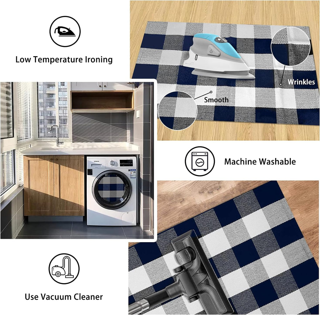 Buffalo Plaid Outdoor Rug Navy Blue 3'X5', Cotton Hand-Woven Checkered Door Mat, Reversible Foldable Washable Outdoor Rug for Layered Door Mats Porch/Front Door (35.4''X59'')