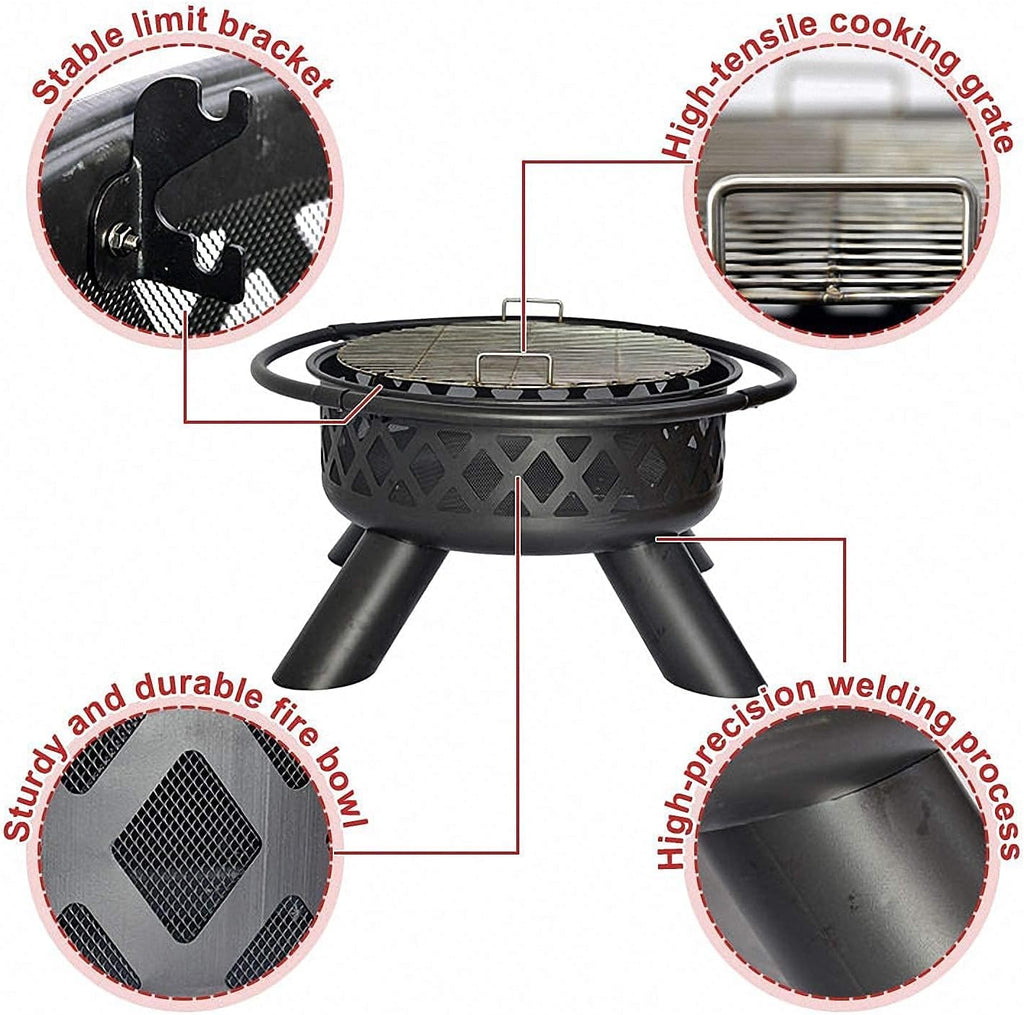 Fire Pit Wood Burning: round 37.5 in Outdoor Fireplace with Grill Cooking Grate Screen Poker