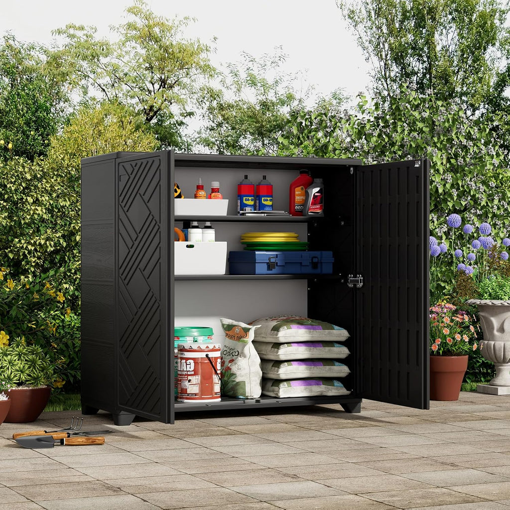 Indoor/Outdoor Storage Cabinet Waterproof, 34"X15"X34" Plastic Outdoor Storage Box for Garden Balcony Bathroom, All Weather Outdoor Storage Clearance, DIY Usage, with 2 Shelf (Black)