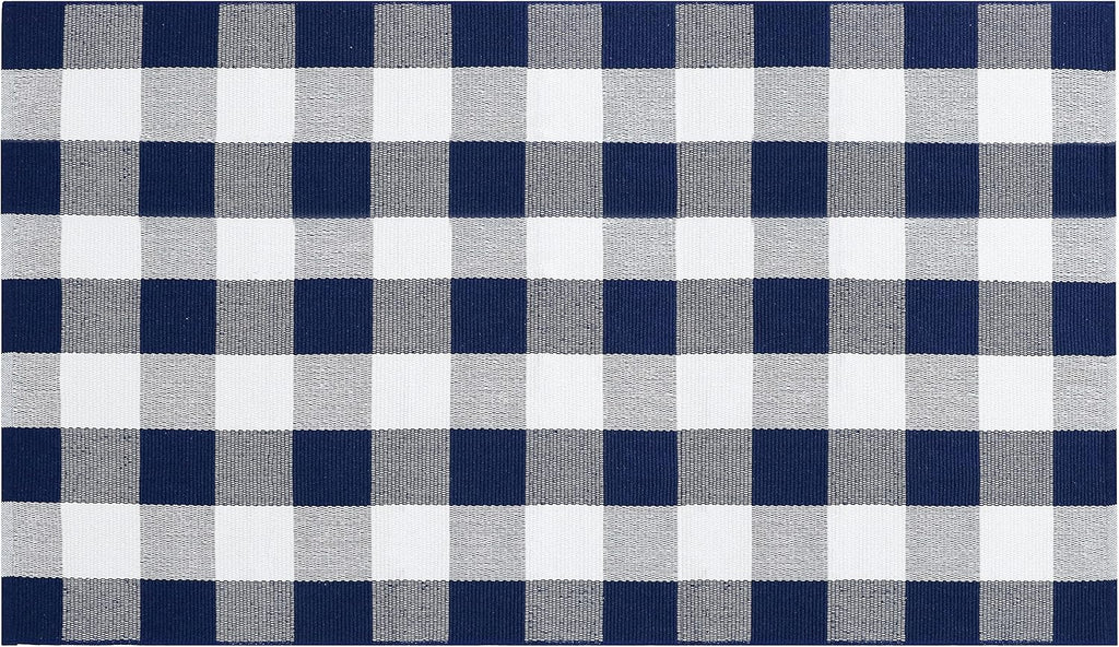 Buffalo Plaid Outdoor Rug Navy Blue 3'X5', Cotton Hand-Woven Checkered Door Mat, Reversible Foldable Washable Outdoor Rug for Layered Door Mats Porch/Front Door (35.4''X59'')