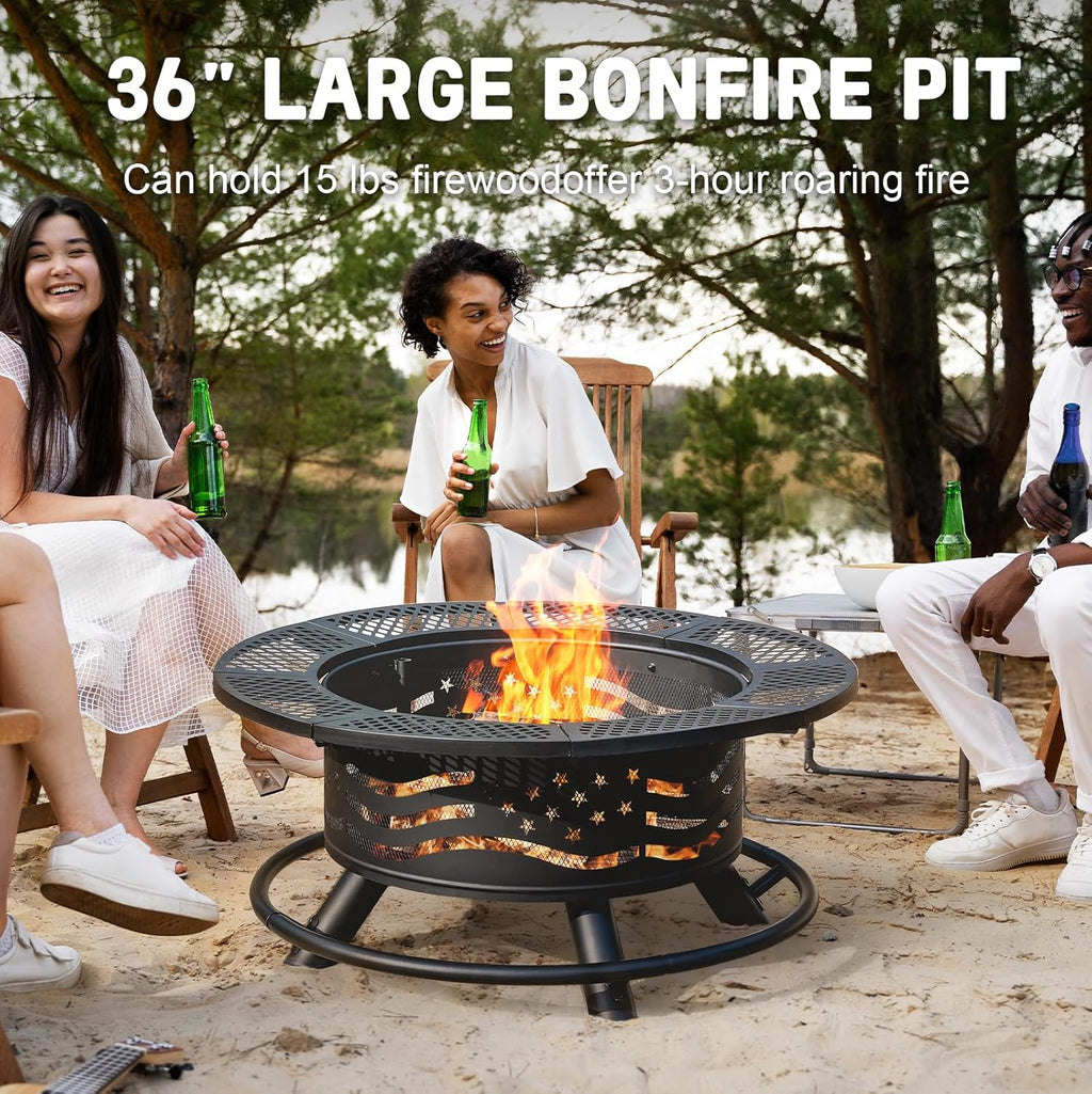 36 Inch Fire Pit with 2 Cooking Grates, Outdoor Wood Burning BBQ Grill Firepit Bowl with Cover Lid, Steel round Table for Backyard Bonfire Patio Picnic (Black, 36IN)