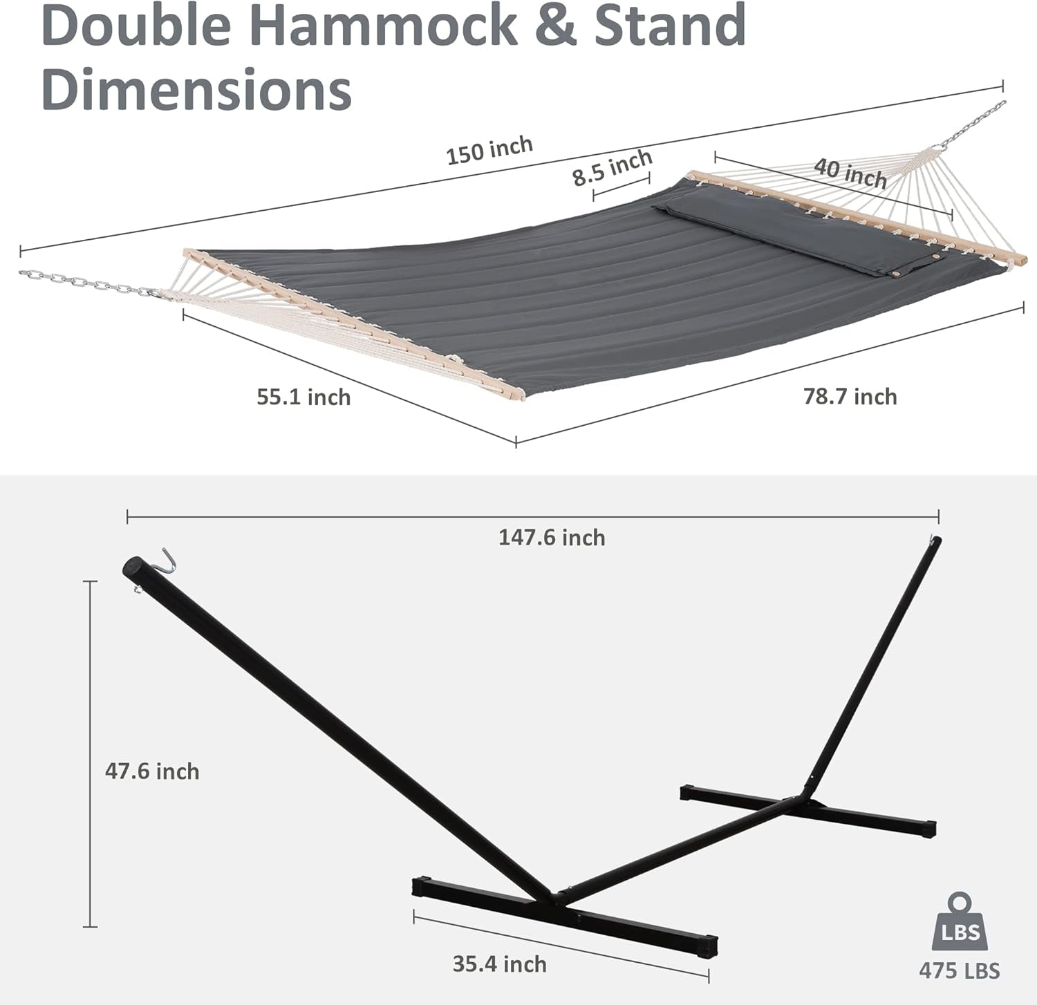 2 Person Hammock with Stand, Heavy Duty Portable Hammocks, 475 Lbs Capacity, Dark Grey