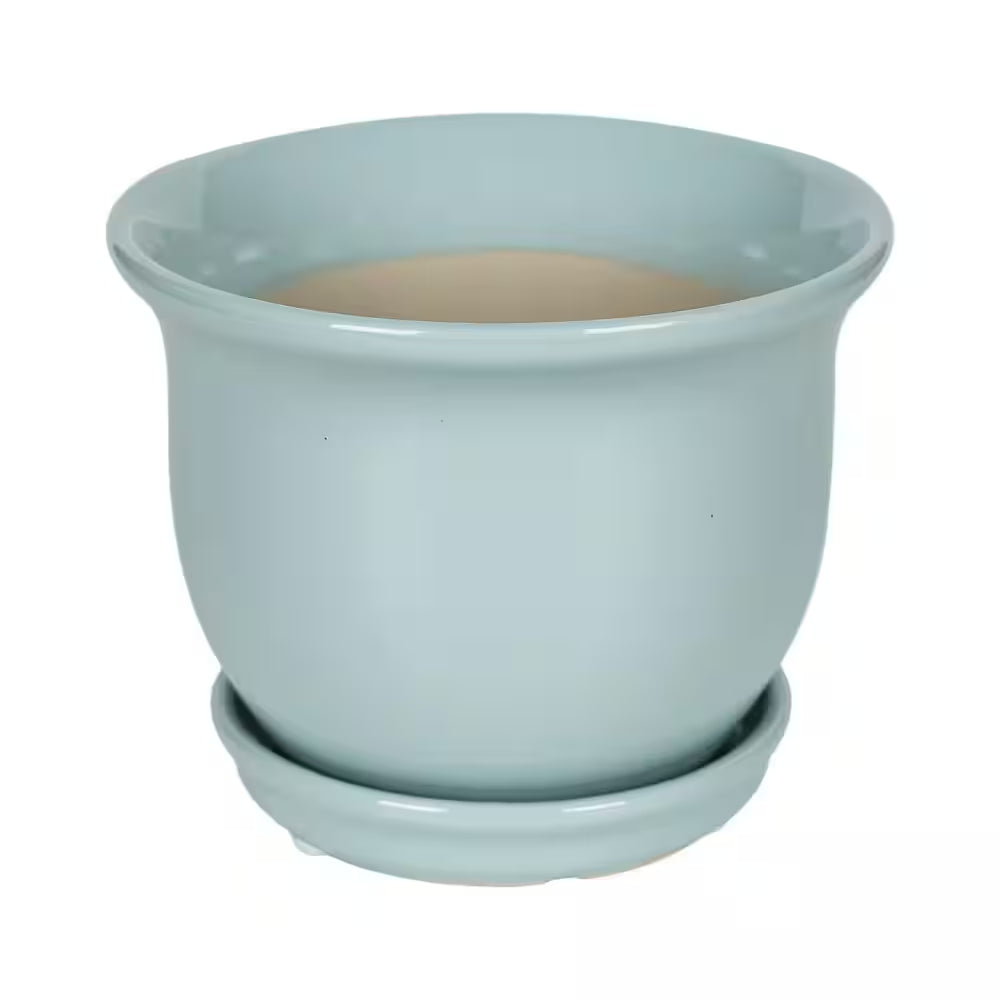 Coralie Small Seabreeze Blue Ceramic Planter with Drainage Hole and Attached Saucer (6 In. L X 6 In. W X 5 In. H)